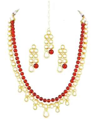 Karatcart 22K GoldPlated Kundan Layered Red Drop Rani Haar Necklace Set