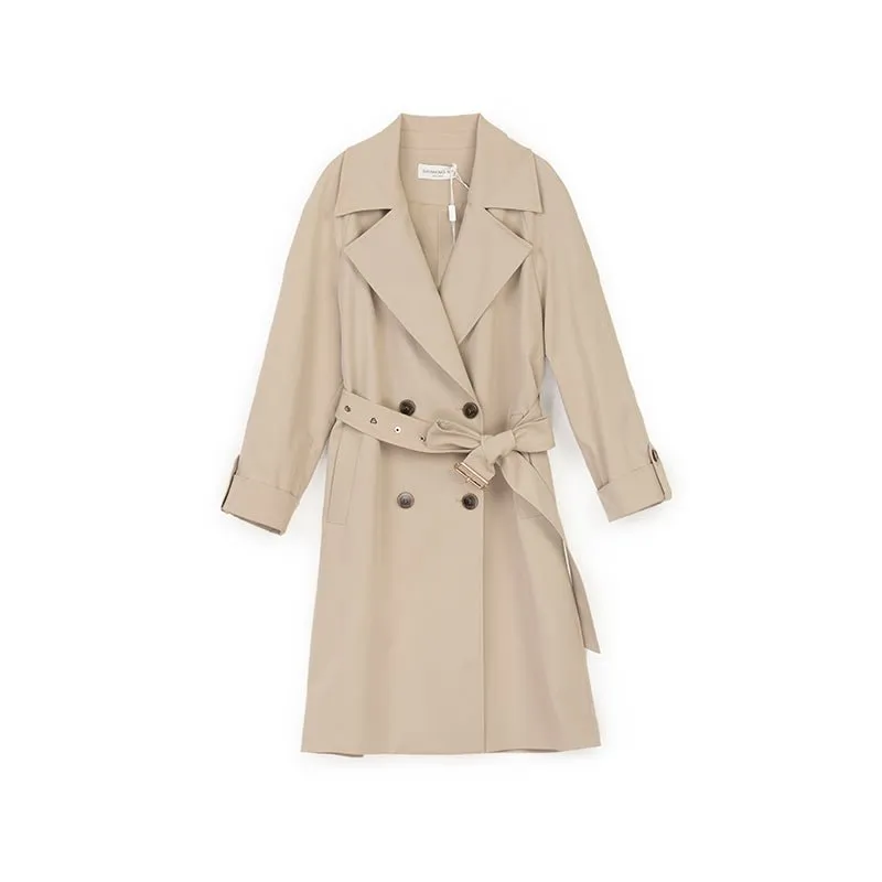 Khaki Double Breasted Collar Belted Trench Coat