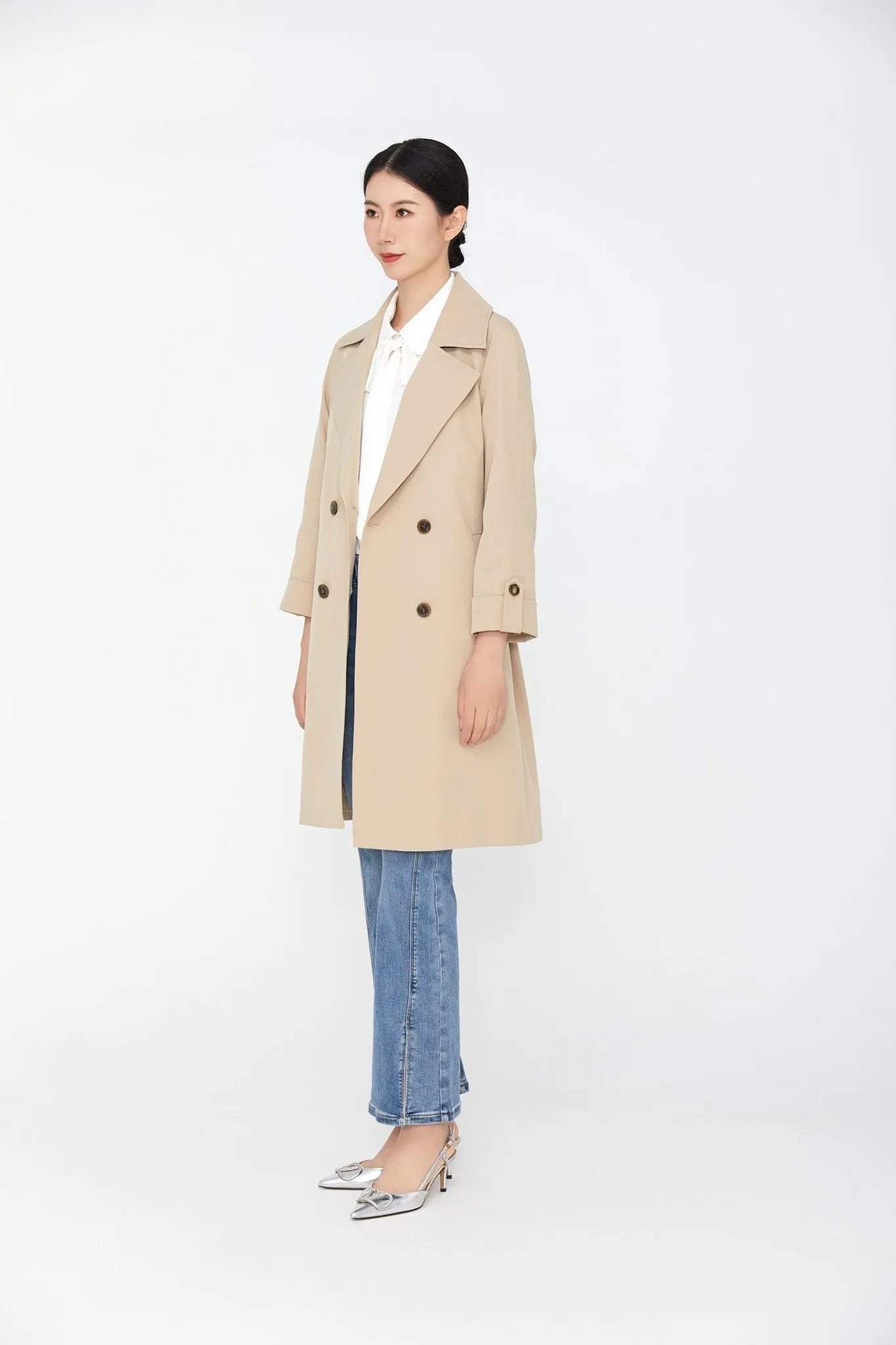 Khaki Double Breasted Collar Belted Trench Coat