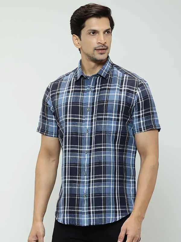 Men Checked Half Sleeve Linen Blend Shirt