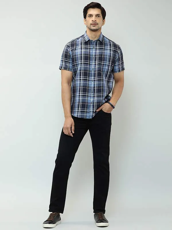 Men Checked Half Sleeve Linen Blend Shirt