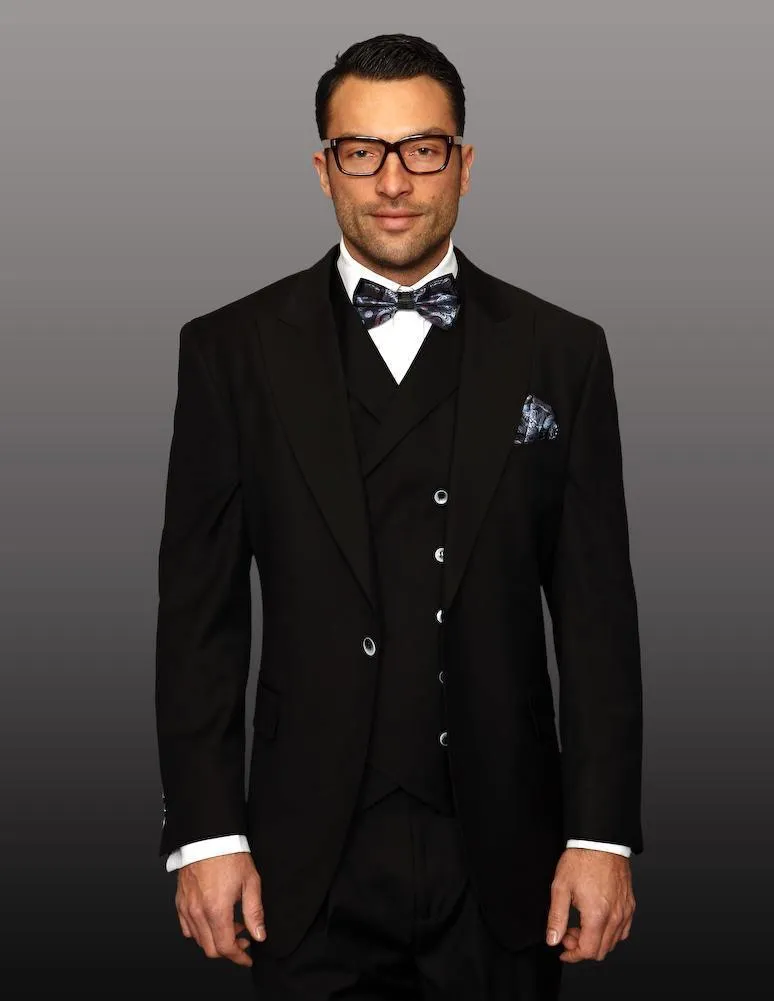 Men's 3 Piece ًWide Leg Wool Suit by Statement-Black