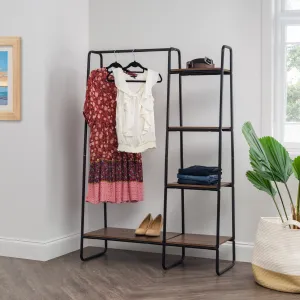 Metal Garment Rack with Wood Shelves, Black and Dark Brown, includes 2 Black Hangers