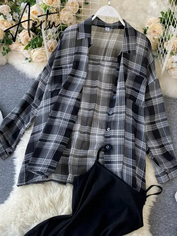 New Summer Autumn Casual Two Piece Set Long Sleeve Plaid Grey Overcoats Spaghetti Strap Slim Black Solid Dress