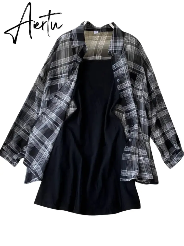 New Summer Autumn Casual Two Piece Set Long Sleeve Plaid Grey Overcoats Spaghetti Strap Slim Black Solid Dress