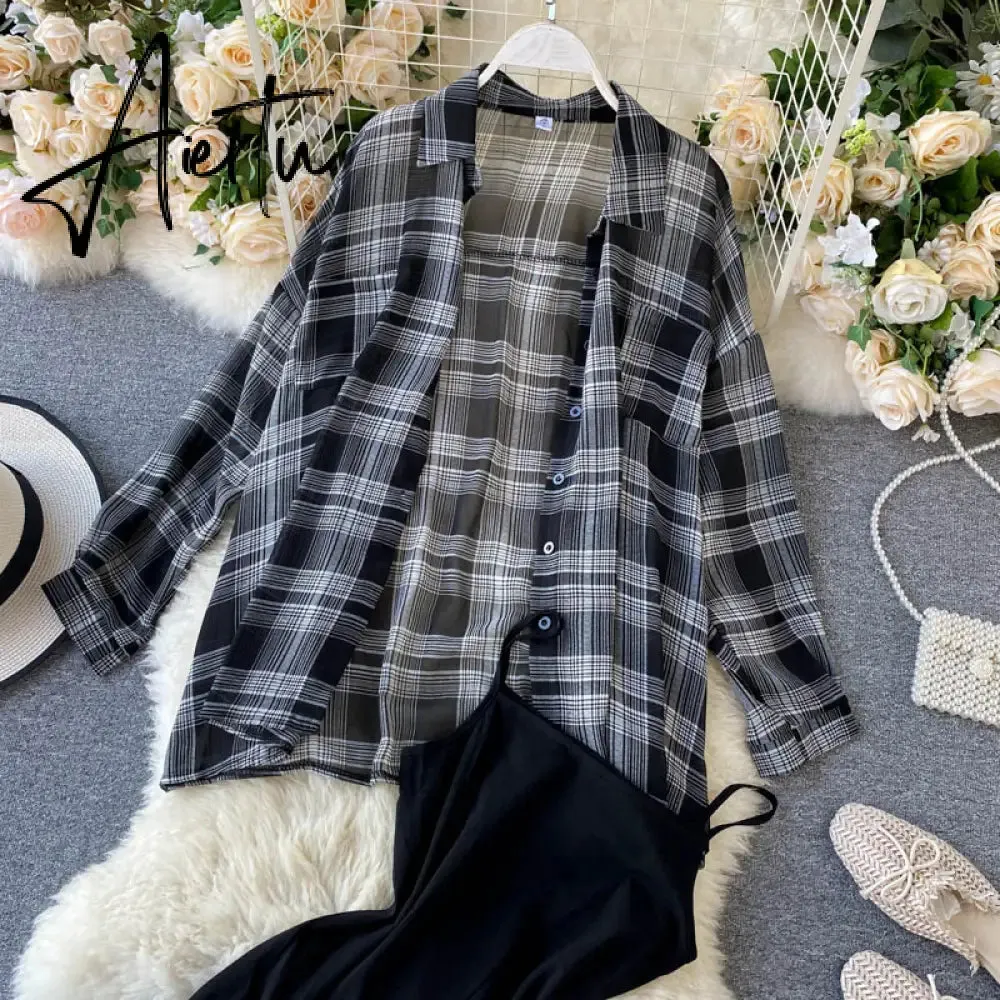 New Summer Autumn Casual Two Piece Set Long Sleeve Plaid Grey Overcoats Spaghetti Strap Slim Black Solid Dress