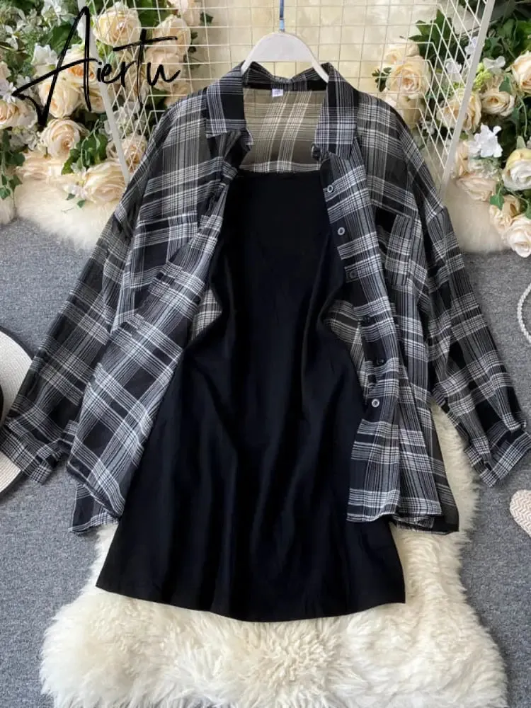 New Summer Autumn Casual Two Piece Set Long Sleeve Plaid Grey Overcoats Spaghetti Strap Slim Black Solid Dress