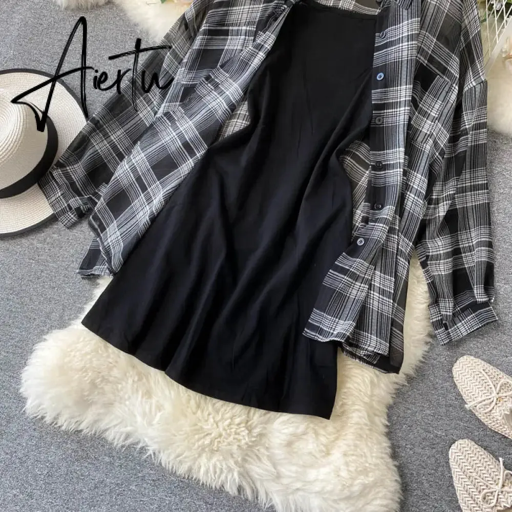 New Summer Autumn Casual Two Piece Set Long Sleeve Plaid Grey Overcoats Spaghetti Strap Slim Black Solid Dress