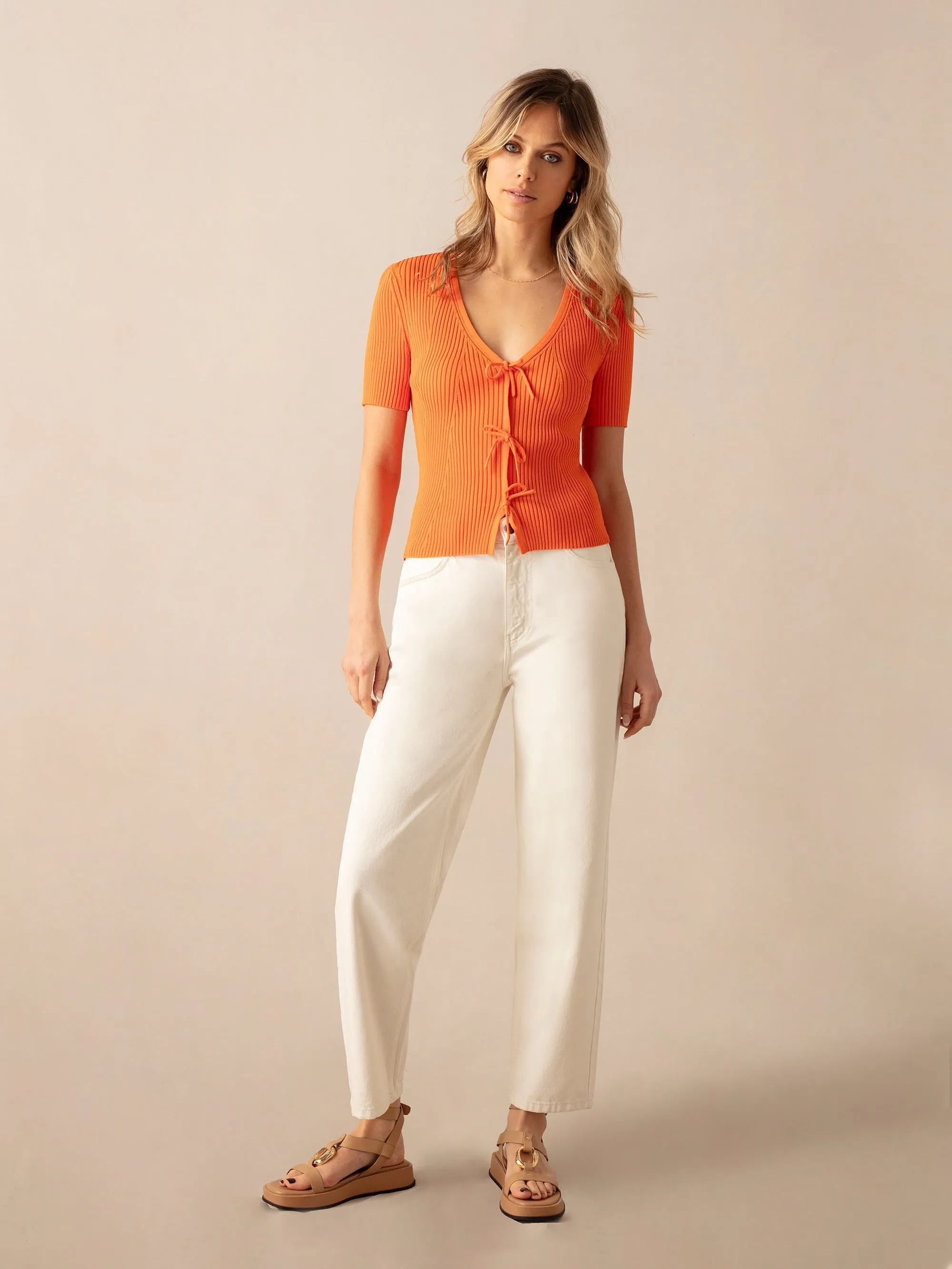 Orange Tie Front Ribbed Top