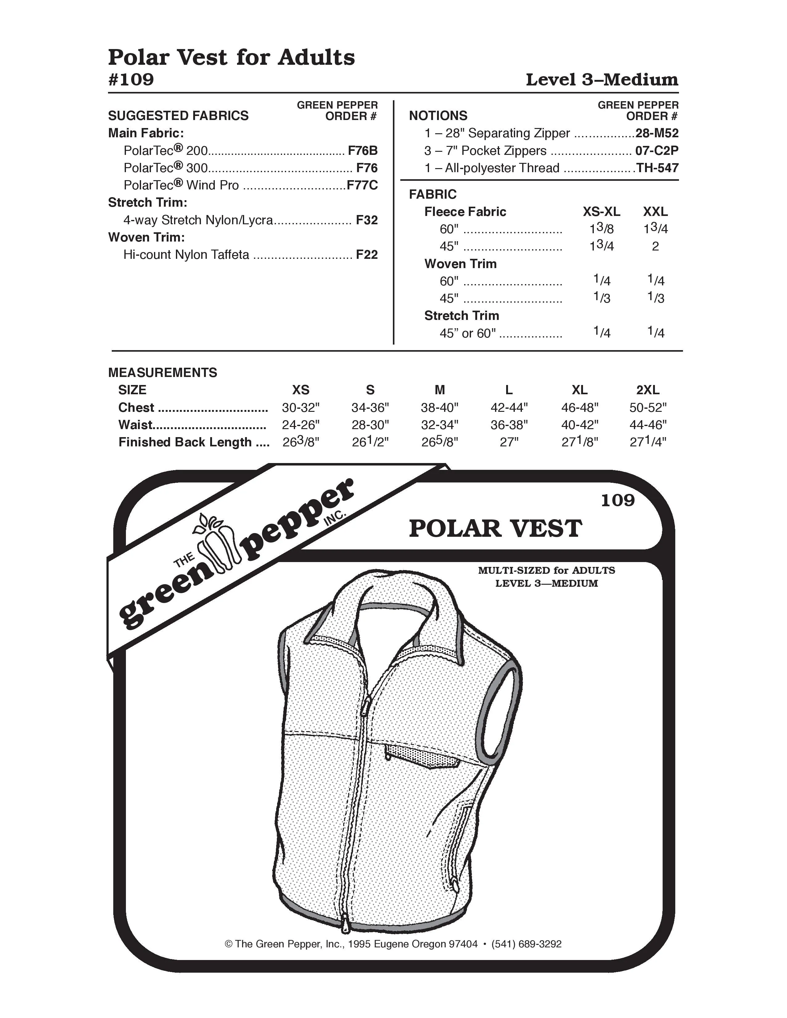 Polar Vest Sewing Pattern (Sold per Each)