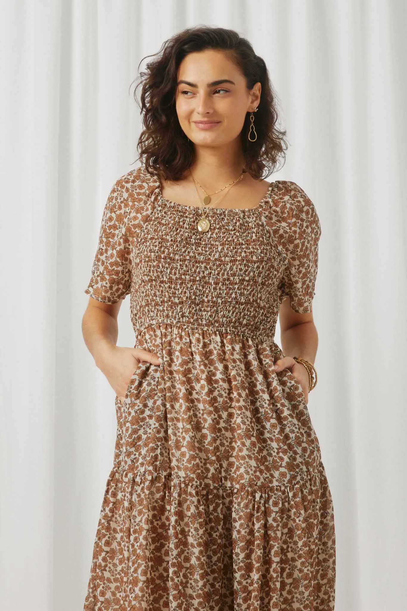 Square Neck Smocked Puff Sleeve Midi Dress