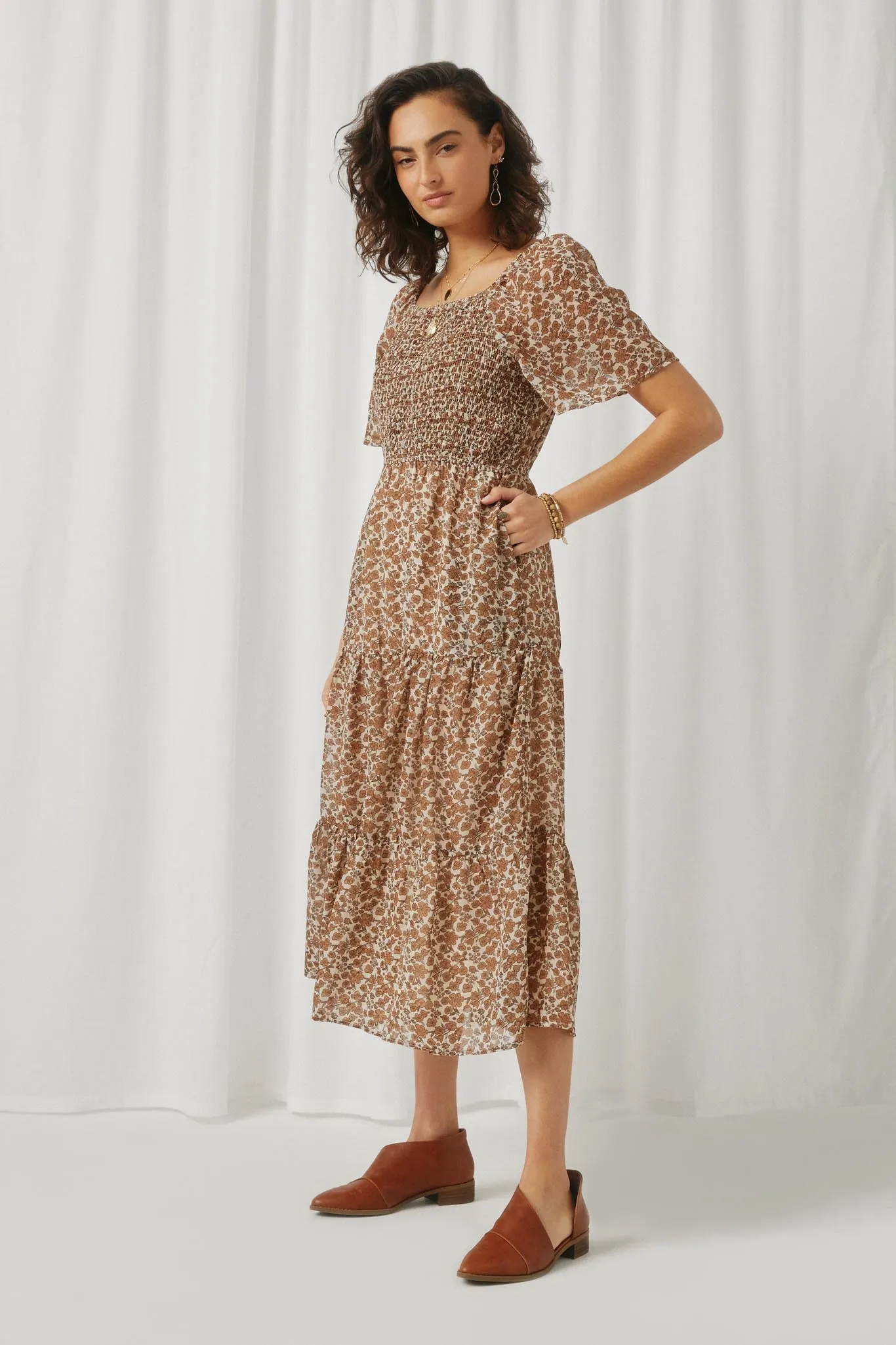 Square Neck Smocked Puff Sleeve Midi Dress