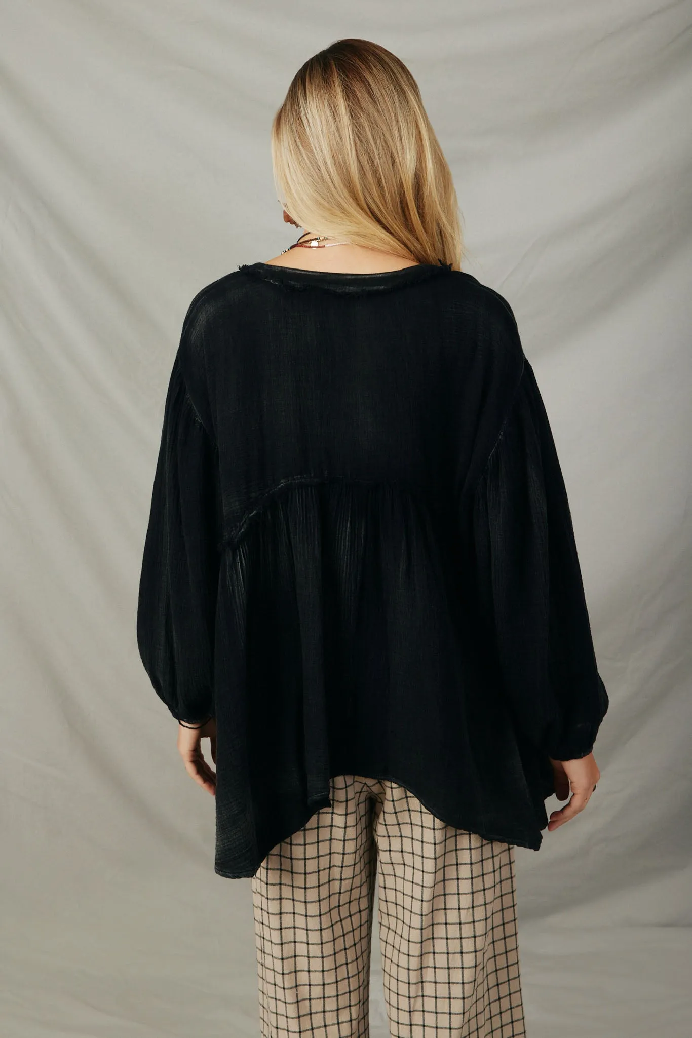 Washed Raw Edge Puff Sleeve Peplum Top