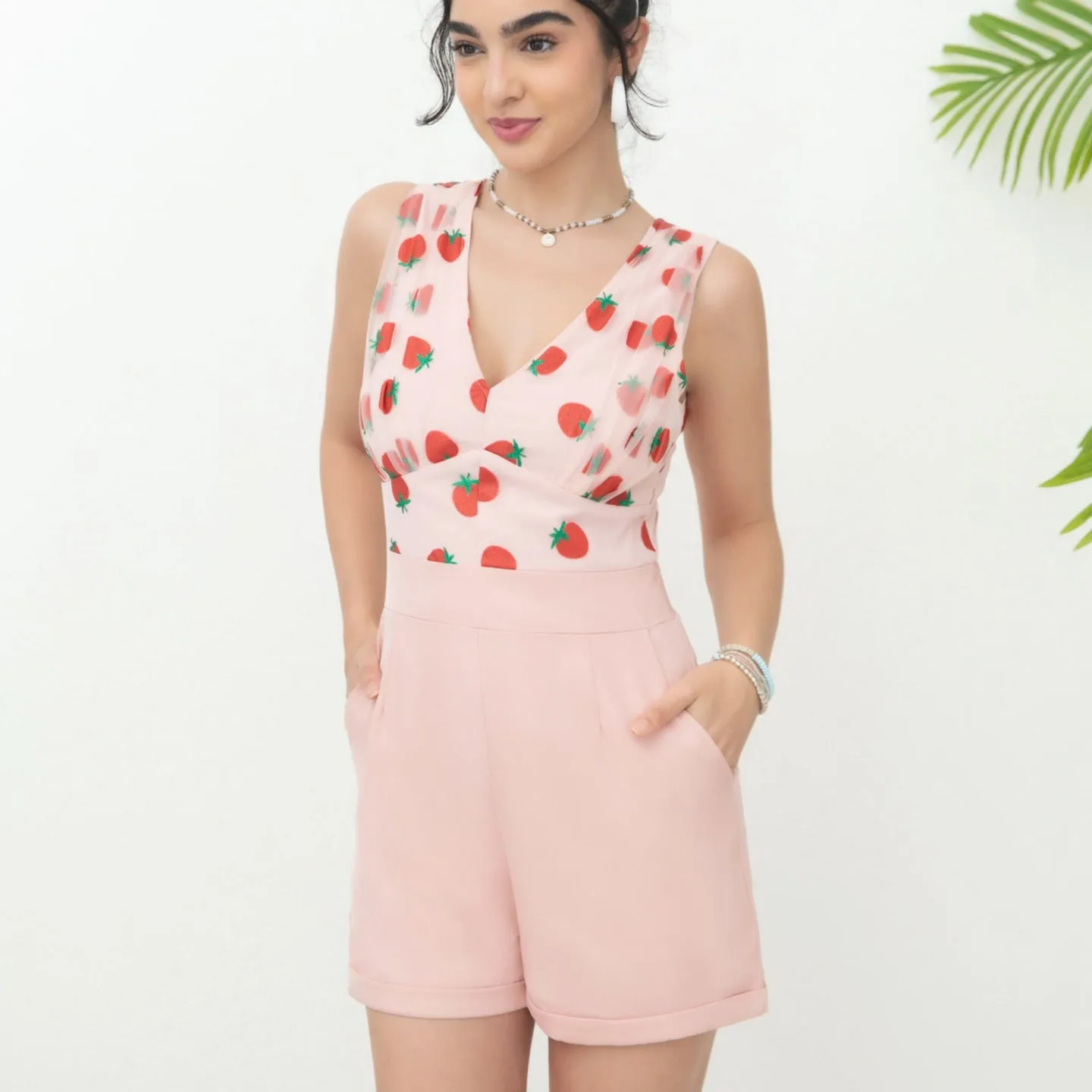 Women Clothing Cute V neck Strawberry Mesh Stitching Romper Women High Grade Summer Casual Women Clothing