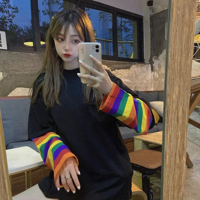 Women's Cute False Two Pieces Rainbow Stripes Shirts